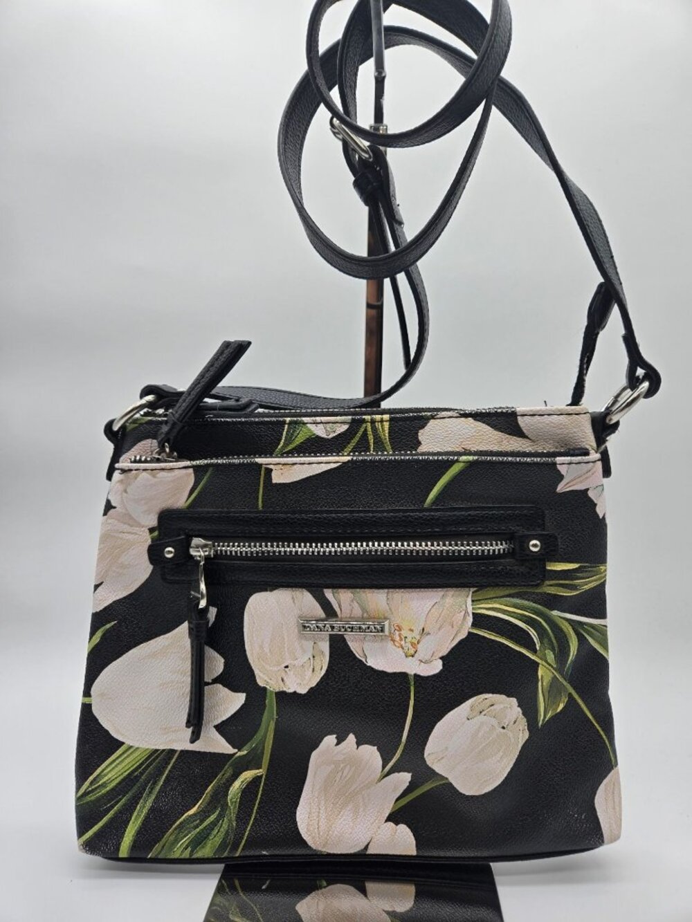 Dana Buchman Gracie Black Floral Crossbody Bag Tulip Print Faux Leather